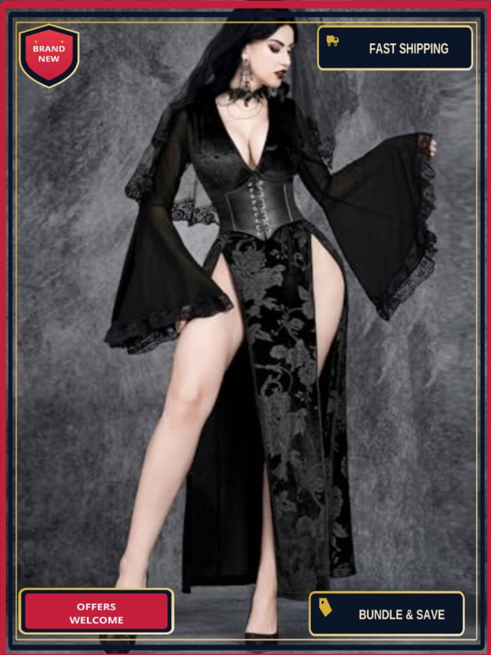 Gothic High Slit Maxi Dress Lace Embroidered Corset V-Neck Party Gown - Picture 5 of 6